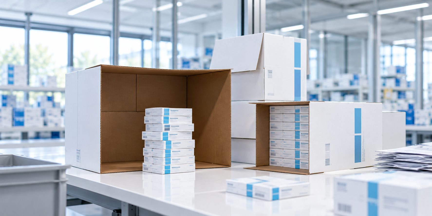 Modernes pharmazeutisches Logistikzentrum mit automatisierter Warenförderung